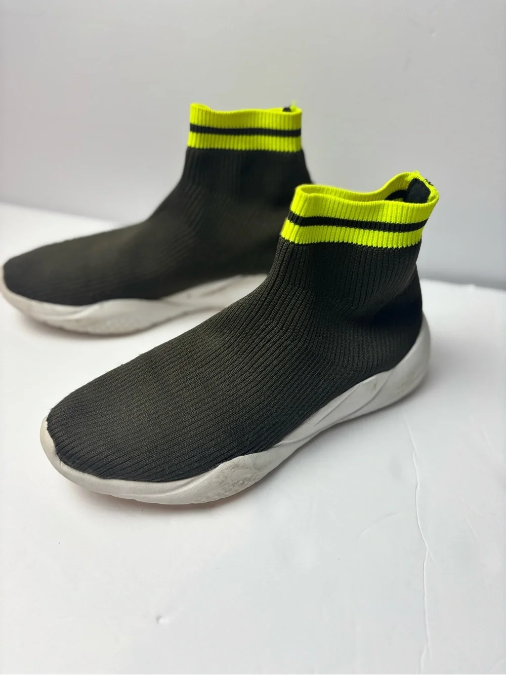 Zara Black Knit Sock Sneakers with Neon Yellow Stripe